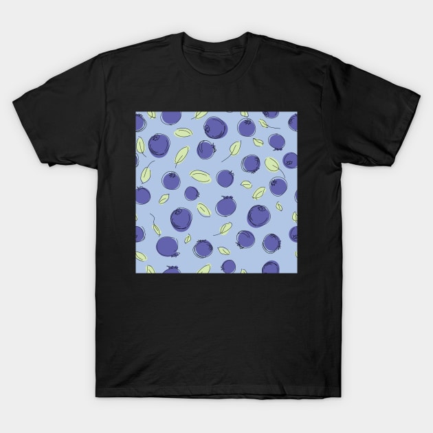 Blueberries and leaves on blue background T-Shirt by MegMarchiando